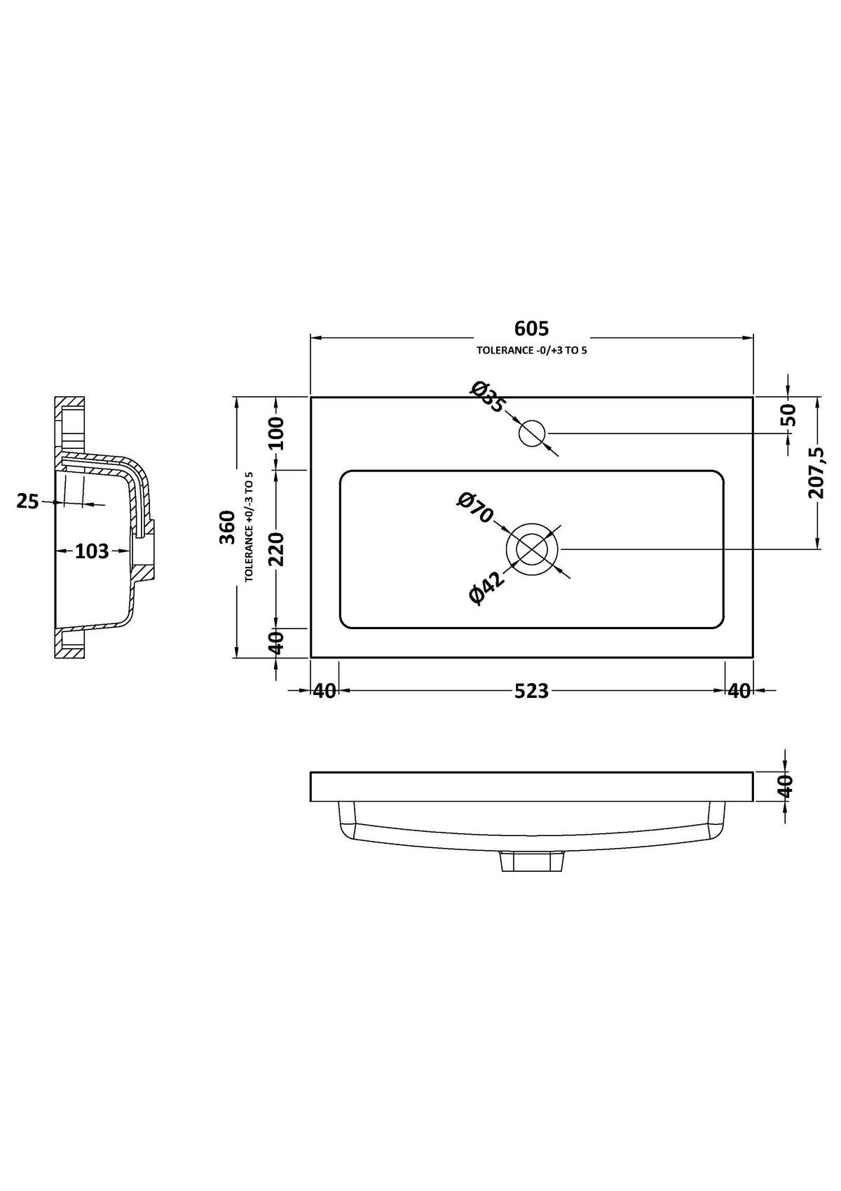 Nuie 1 Tap Hole Polymarble Rectangular Basin – 500mm & 600mm, photo 3