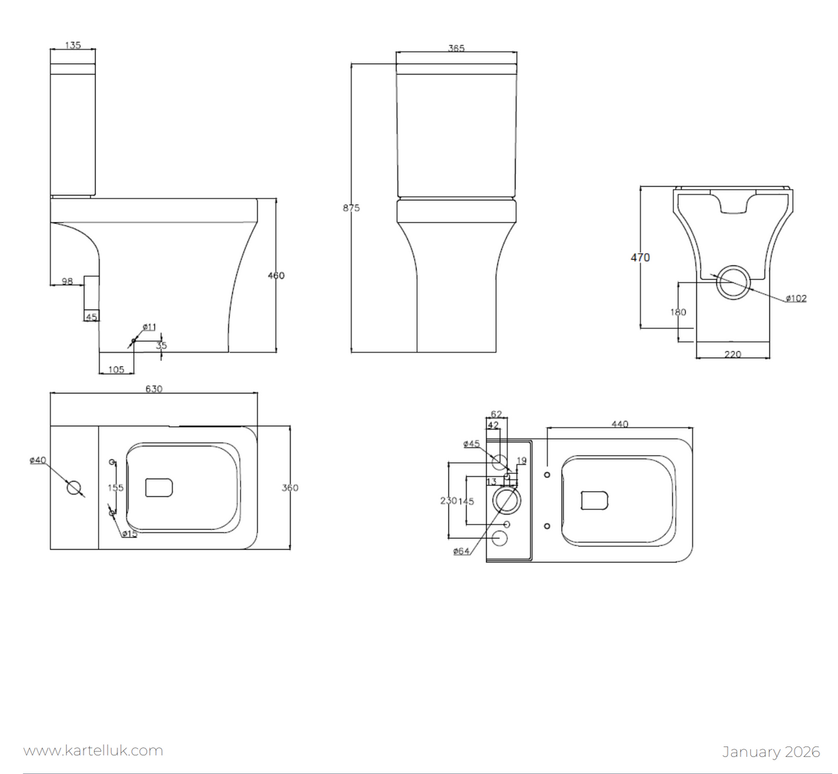 Kartell K-VIT Ozone Square Rimless Comfort Height WC Pan- White Gloss (POT029OZ)