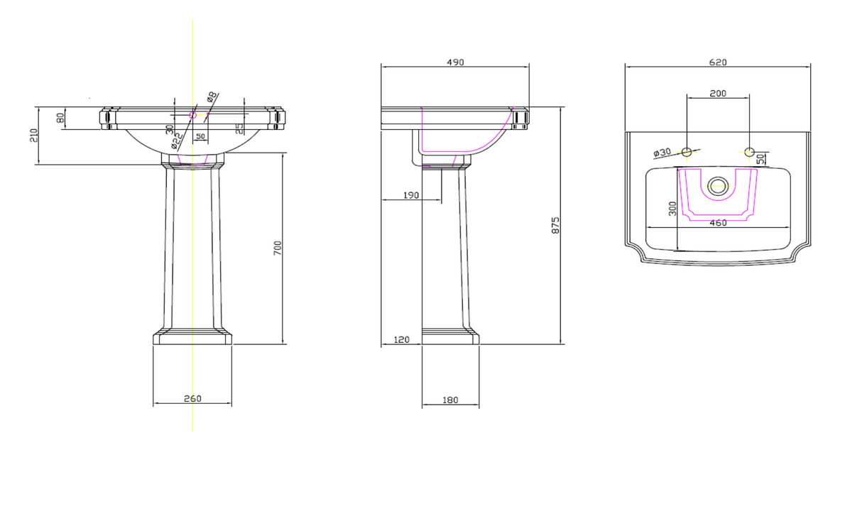 Kartell K-VIT Astley 600mm 2 Tap Hole Basin and Full Pedestal – White Gloss (POT036AS-POT037AS)