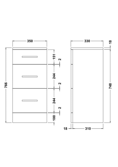 Nuie Mayford 350mm 3 Drawer Floor Standing Cabinet – Gloss White, photo 3