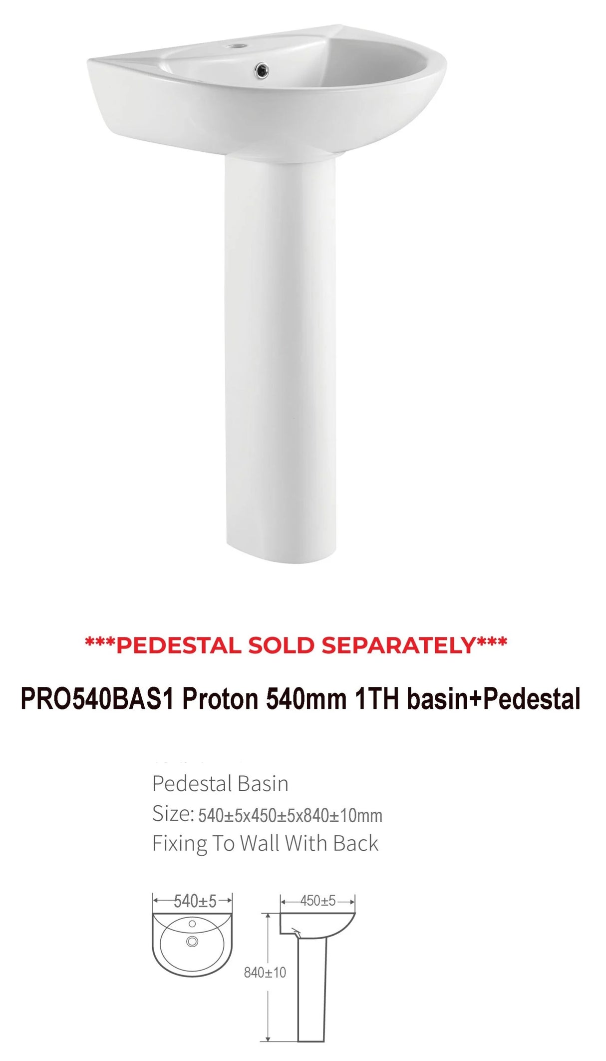 Kartell K-VIT Proton 540mm 1 Tap Hole Basin with Pedestal Options – White Gloss (PRO540BAS1)
