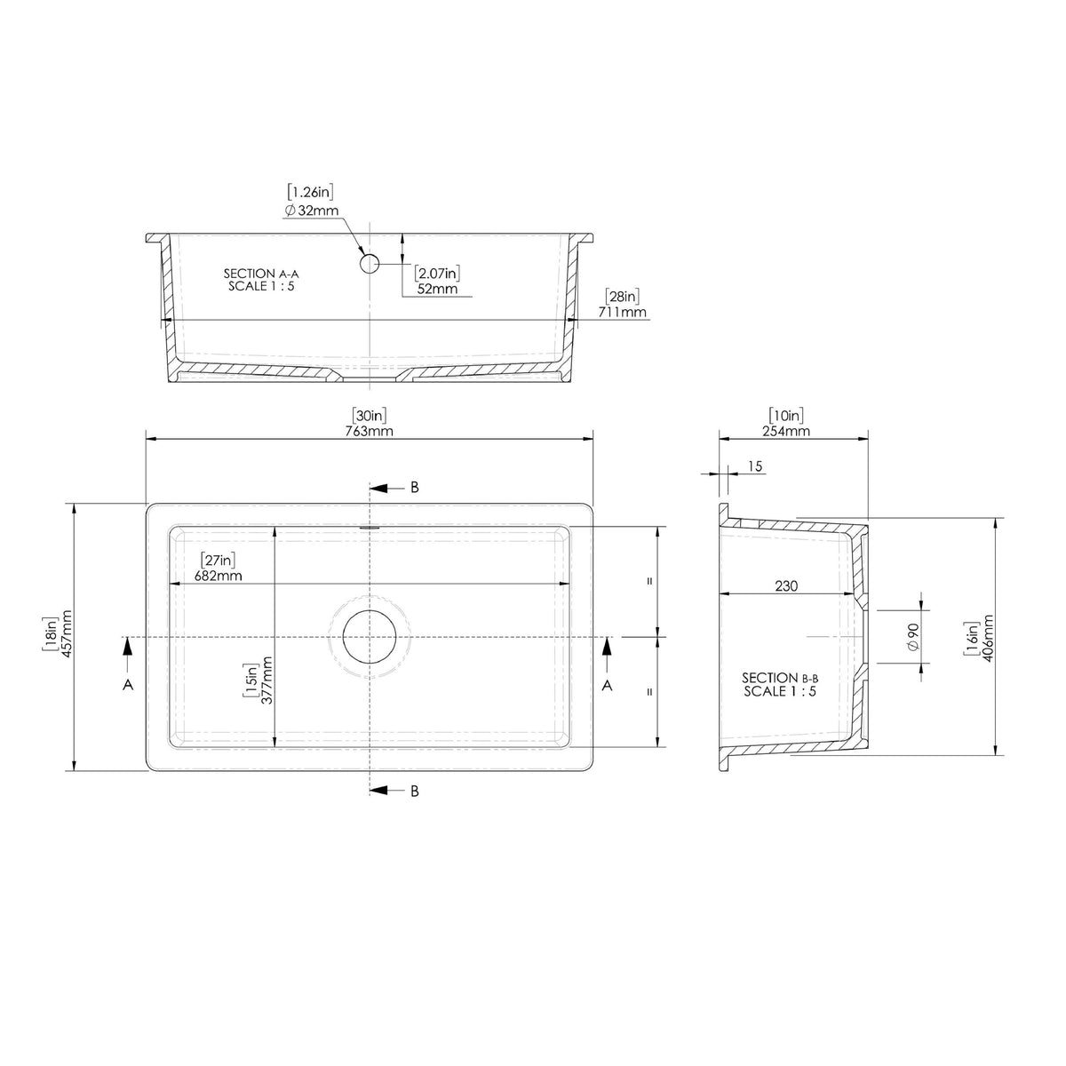 Nuie Fireclay Single Bowl Rectangular Inset Sink With Central Waste And Overflow – 548 x 442mm, 711 x 482mm & 762 x 457mm, photo 6