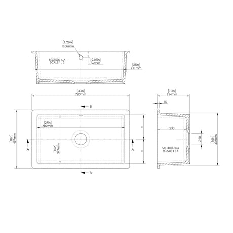 Nuie Fireclay Single Bowl Rectangular Inset Sink With Central Waste And Overflow – 548 x 442mm, 711 x 482mm & 762 x 457mm, photo 6