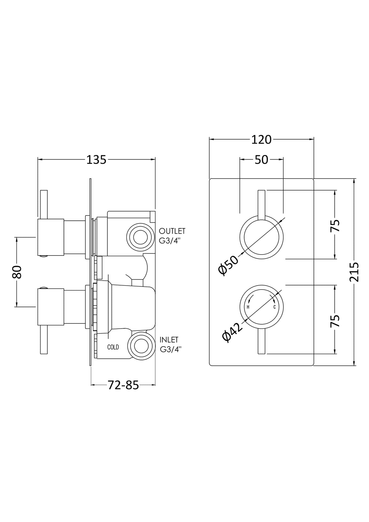 Nuie Twin Thermostatic Shower Valve With Diverter – 215mm High – Chrome, photo 3