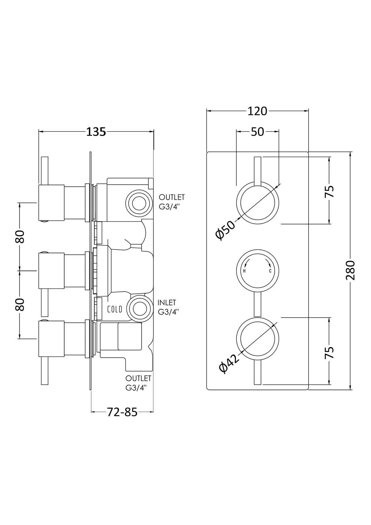 Nuie Triple Thermostatic Shower Valve With Diverter – Chrome, photo 3