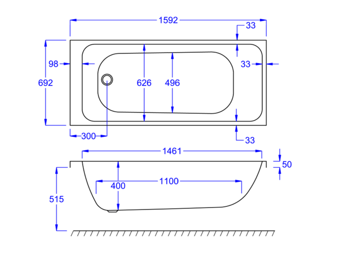 Kartell K-VIT Refine 1600x700 Single Ended Bath With Legs- White Gloss (REF1670SE)