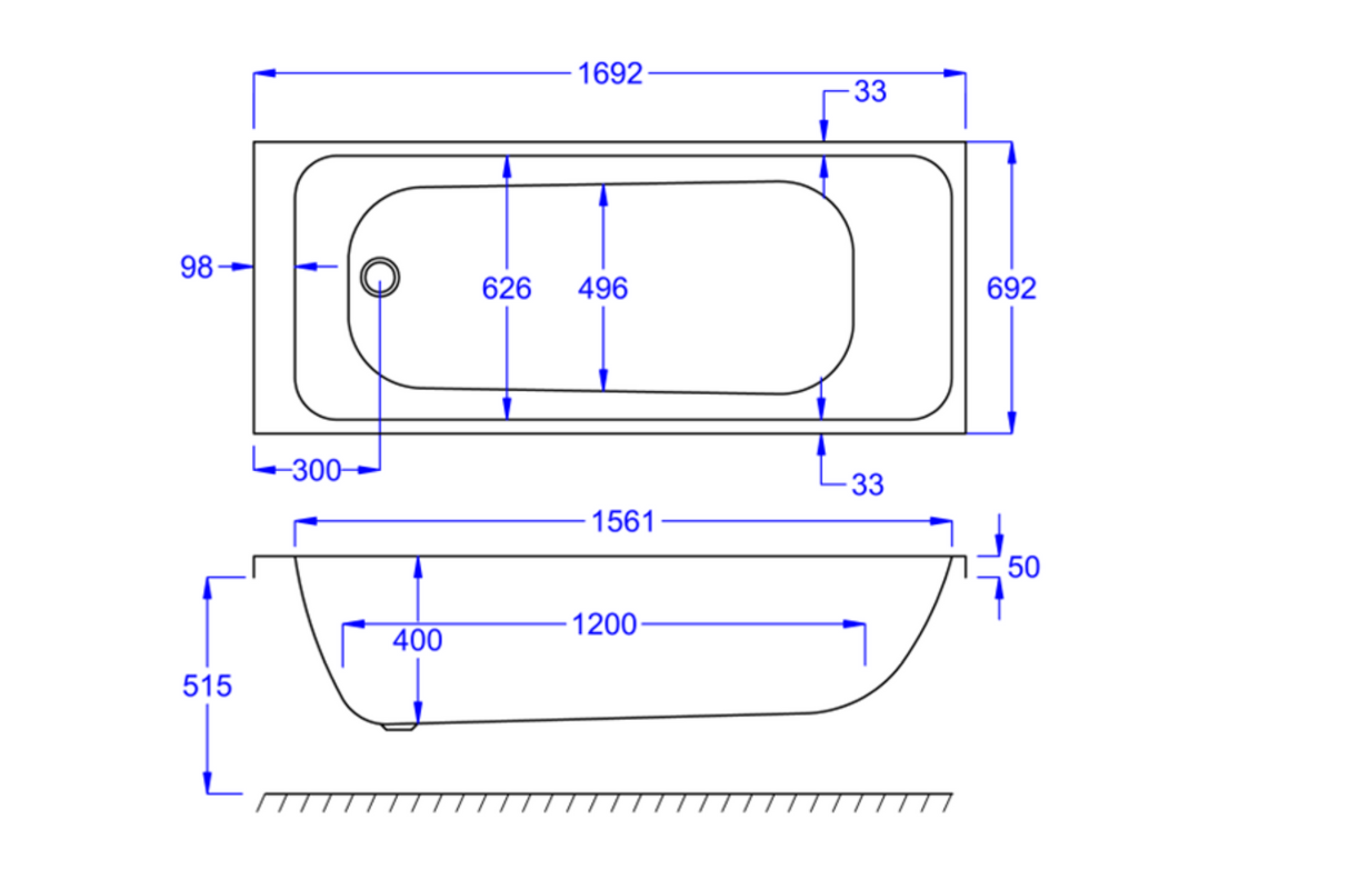 Kartell K-VIT Refine 1700x700 Single Ended Bath With Legs- White Gloss (REF1770SE)