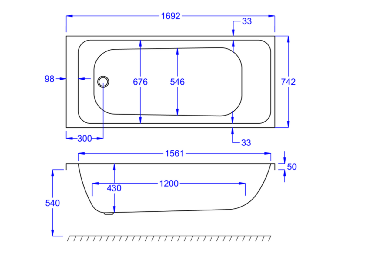 Kartell K-VIT Refine 1700x750 Single Ended Bath With Legs- White Gloss (REF1775SE)