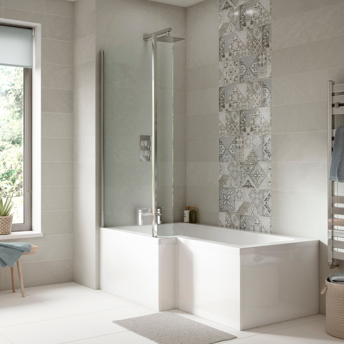 Nuie 1700mm Shower Bath With Screen, Side Panel And Legs Set – White