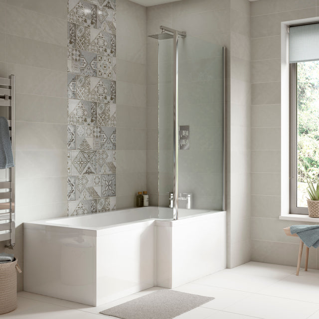 Nuie 1700mm Square Shower Bath With Screen, Side Panel And Legs Set – White