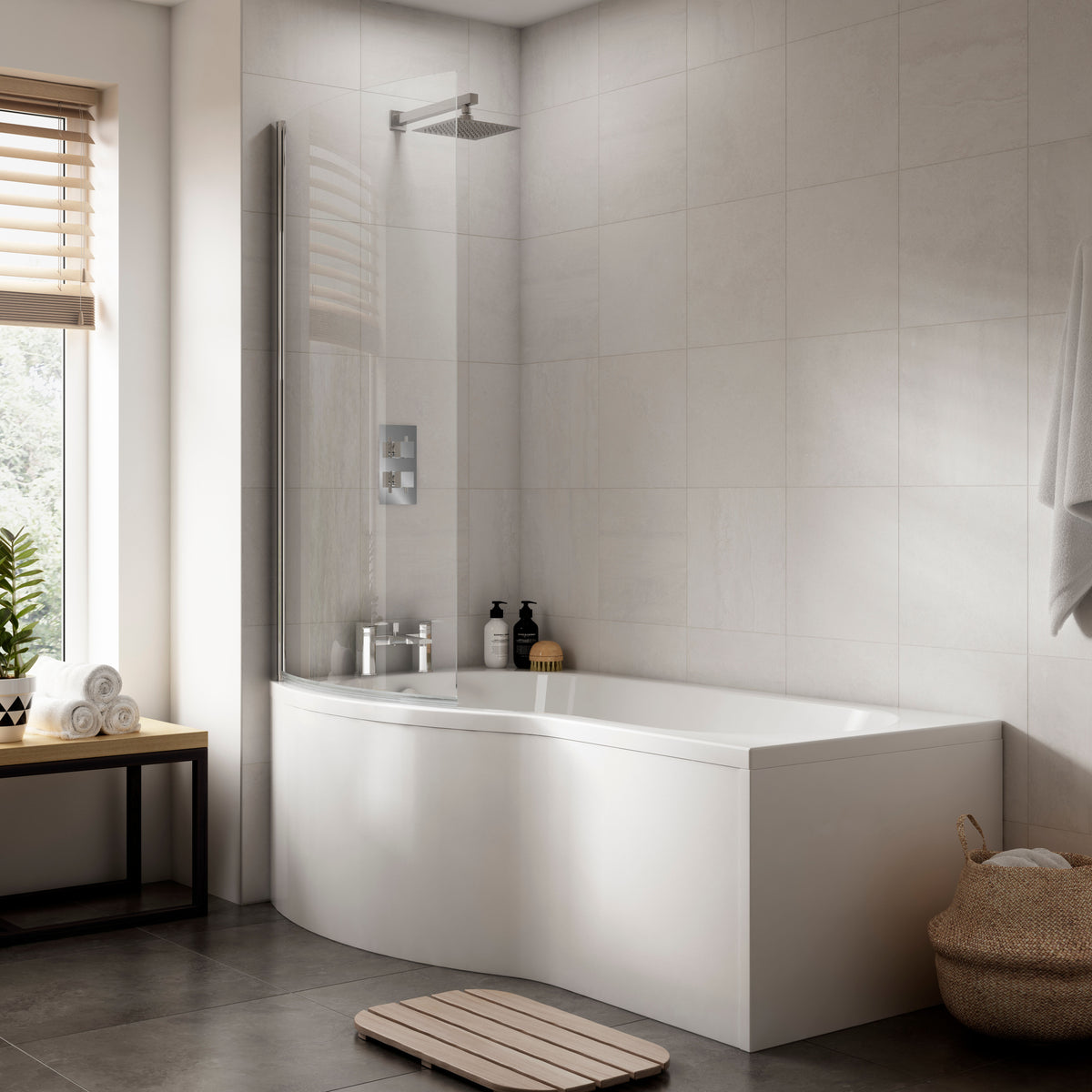 Nuie B-Shaped Shower Bath With Screen, Side Panel And Leg Set – 1500mm & 1700mm