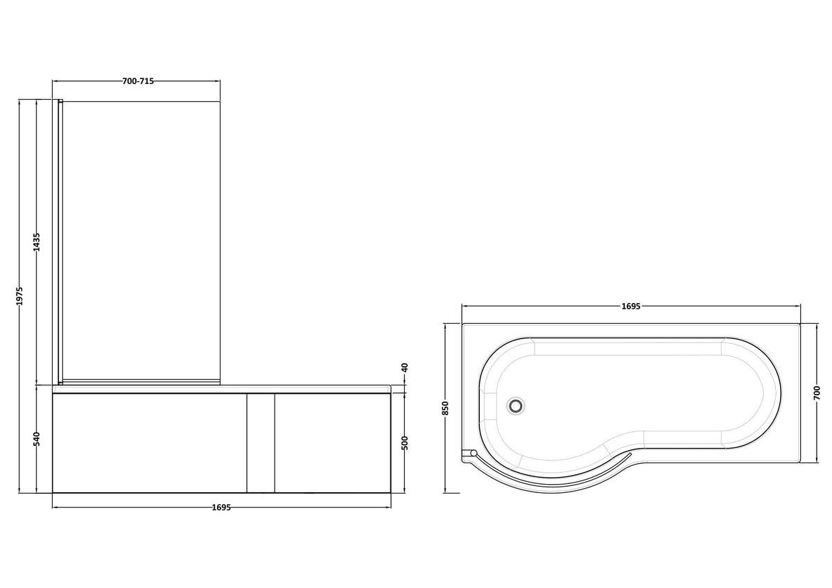 Nuie 1700mm P-Shaped Shower Bath With Screen, Side Panel And Leg Set – White, photo 4