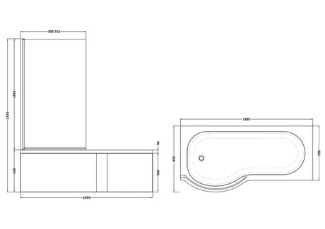 Nuie 1700mm P-Shaped Shower Bath With Screen, Side Panel And Leg Set – White, photo 4