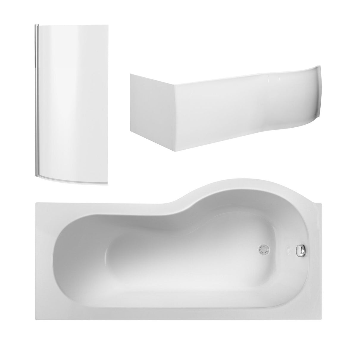 Nuie 1700mm P-Shaped Shower Bath With Screen, Side Panel And Leg Set – White, photo 3