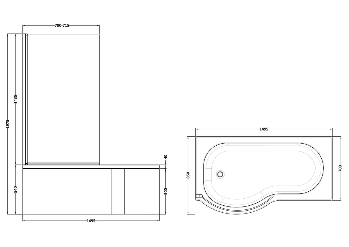 Nuie 1500mm P-Shaped Shower Bath With Curved Screen, Side Panel And Leg Set – White, photo 4