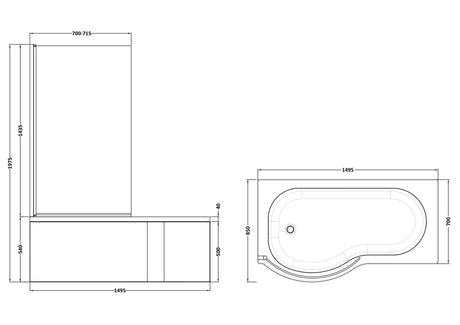 Nuie 1500mm P-Shaped Shower Bath With Curved Screen, Side Panel And Leg Set – White, photo 4
