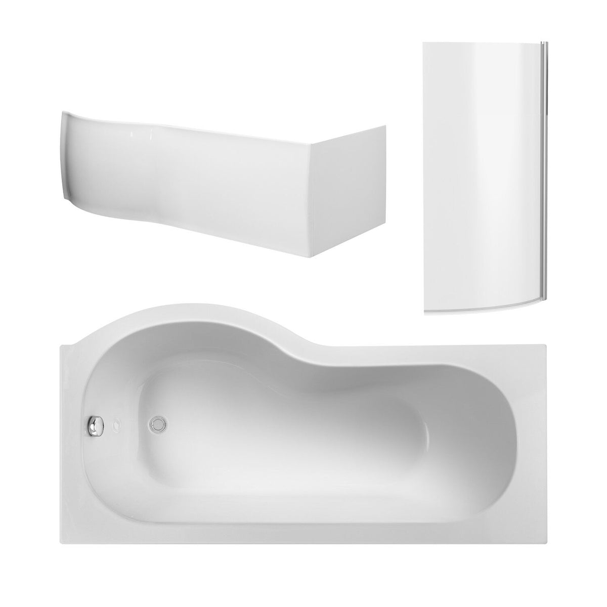 Nuie 1500mm P-Shaped Shower Bath With Curved Screen, Side Panel And Leg Set – White, photo 3