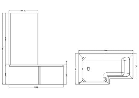 Nuie 1500mm Square Shower Bath Set with Screen, Side Panel And Leg Set – White, photo 4