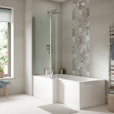 Nuie 1500mm Square Shower Bath Set with Screen, Side Panel And Leg Set – White