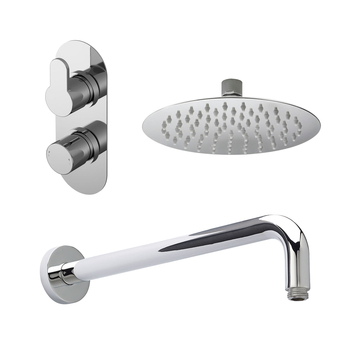 Nuie Arvan Twin Thermostatic Valve, Wall-Mounted Arm And Fixed Head – Chrome, Matt Black or Brushed Brass