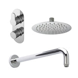 Nuie Arvan Twin Thermostatic Valve, Wall-Mounted Arm And Fixed Head – Chrome, Matt Black or Brushed Brass