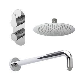 Nuie Arvan Twin Thermostatic Valve, Wall-Mounted Arm And Fixed Head – Chrome, Matt Black or Brushed Brass