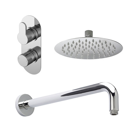 Nuie Arvan Twin Thermostatic Valve, Wall-Mounted Arm And Fixed Head – Chrome, Matt Black or Brushed Brass