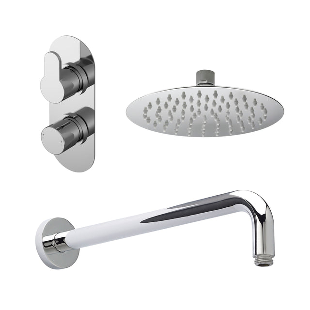 Nuie Arvan Twin Thermostatic Valve, Wall-Mounted Arm And Fixed Head – Chrome, Matt Black or Brushed Brass