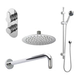 Nuie Arvan Twin Thermostatic Valve With Diverter, Shower Arm, Fixed Shower Head And Slider Rail Kit – Chrome, Matt Black or Brushed Brass