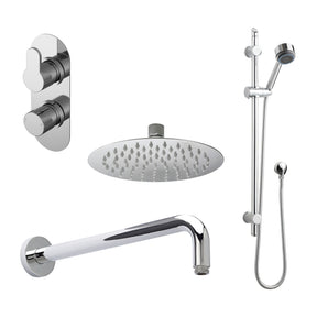 Nuie Arvan Twin Thermostatic Valve With Diverter, Shower Arm, Fixed Shower Head And Slider Rail Kit – Chrome, Matt Black or Brushed Brass