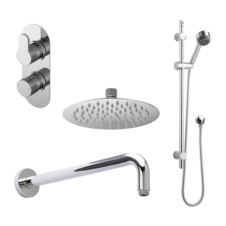 Nuie Arvan Twin Thermostatic Valve With Diverter, Shower Arm, Fixed Shower Head And Slider Rail Kit – Chrome, Matt Black or Brushed Brass