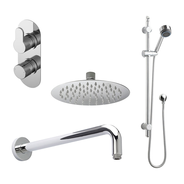 Nuie Arvan Twin Thermostatic Valve With Diverter, Shower Arm, Fixed Shower Head And Slider Rail Kit – Chrome, Matt Black or Brushed Brass