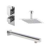 Nuie Windon Twin Thermostatic Valve, Square Wall-Mounted Shower Arm And Fixed Head – Chrome, Matt Black or Brushed Brass