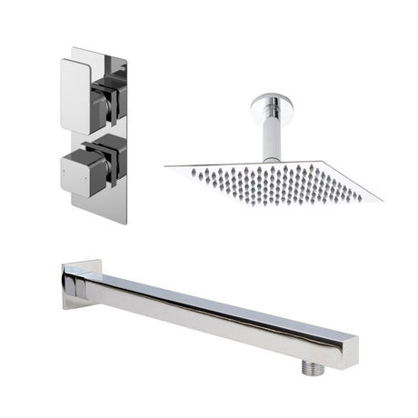 Nuie Windon Twin Thermostatic Valve, Square Wall-Mounted Shower Arm And Fixed Head – Chrome, Matt Black or Brushed Brass