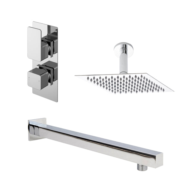 Nuie Windon Twin Thermostatic Valve, Square Wall-Mounted Shower Arm And Fixed Head – Chrome, Matt Black or Brushed Brass