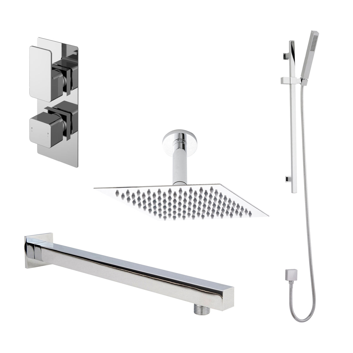 Nuie Windon Twin Thermostatic Valve With Diverter, Shower Arm, Fixed Shower Head And Slider Rail Kit – Chrome, Matt Black or Brushed Brass