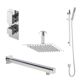 Nuie Windon Twin Thermostatic Valve With Diverter, Shower Arm, Fixed Shower Head And Slider Rail Kit – Chrome, Matt Black or Brushed Brass