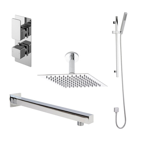 Nuie Windon Twin Thermostatic Valve With Diverter, Shower Arm, Fixed Shower Head And Slider Rail Kit – Chrome, Matt Black or Brushed Brass