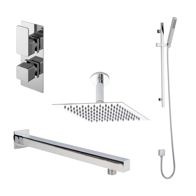 Nuie Windon Twin Thermostatic Valve With Diverter, Shower Arm, Fixed Shower Head And Slider Rail Kit – Chrome, Matt Black or Brushed Brass