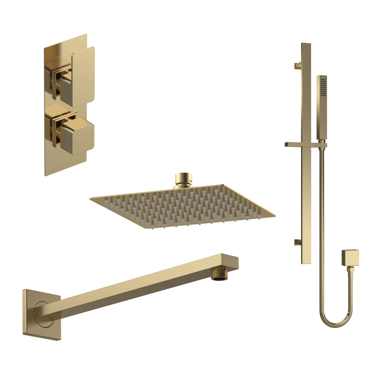 Nuie Windon Twin Thermostatic Valve With Diverter, Shower Arm, Fixed Shower Head And Slider Rail Kit – Chrome, Matt Black or Brushed Brass, photo 3