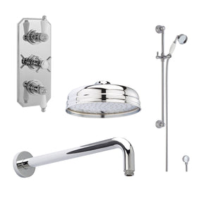 Nuie Edwardian Traditional Triple Thermostatic Valve, Shower Arm, Fixed Shower Head And Slider Rail Kit – Chrome
