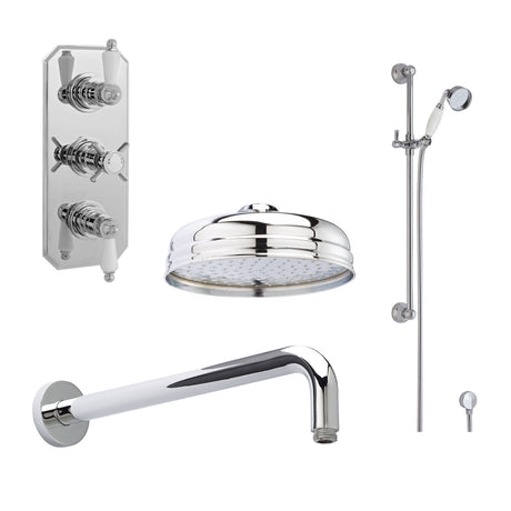 Nuie Edwardian Traditional Triple Thermostatic Valve, Shower Arm, Fixed Shower Head And Slider Rail Kit – Chrome
