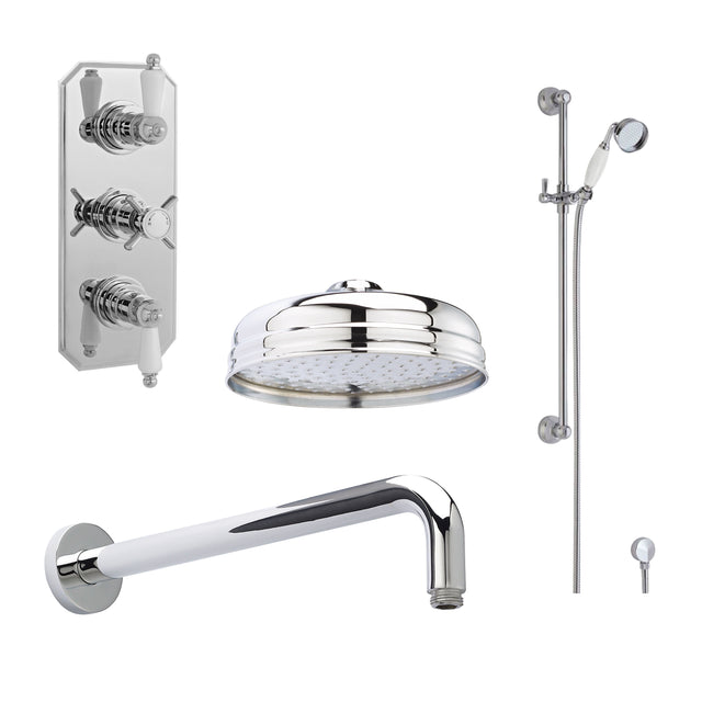 Nuie Edwardian Traditional Triple Thermostatic Valve, Shower Arm, Fixed Shower Head And Slider Rail Kit – Chrome