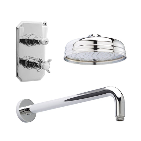 Nuie Edwardian Traditional Twin Thermostatic Valve, Shower Arm, Fixed Shower Head And Slider Rail Kit – Chrome