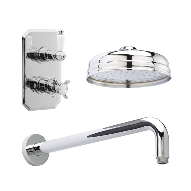 Nuie Edwardian Traditional Twin Thermostatic Valve, Shower Arm, Fixed Shower Head And Slider Rail Kit – Chrome