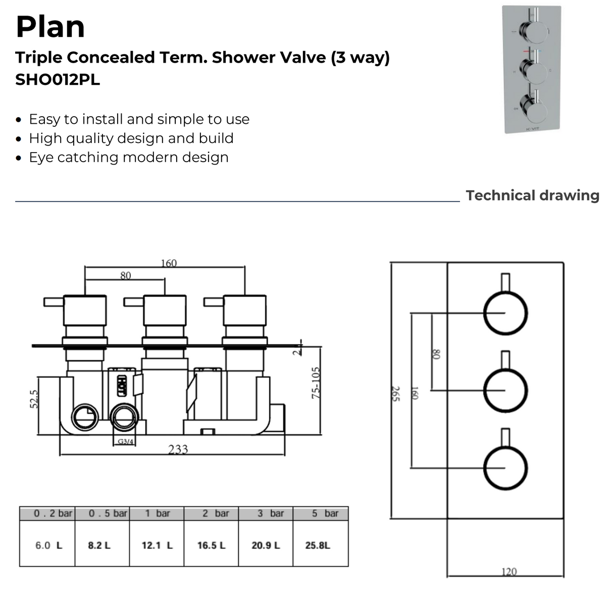 Kartell K-VIT Plan Concealed Triple Thermostatic Shower Valve Round Handle-2 Way and 3 Way Chrome (SHO000PL)(SHO012PL)