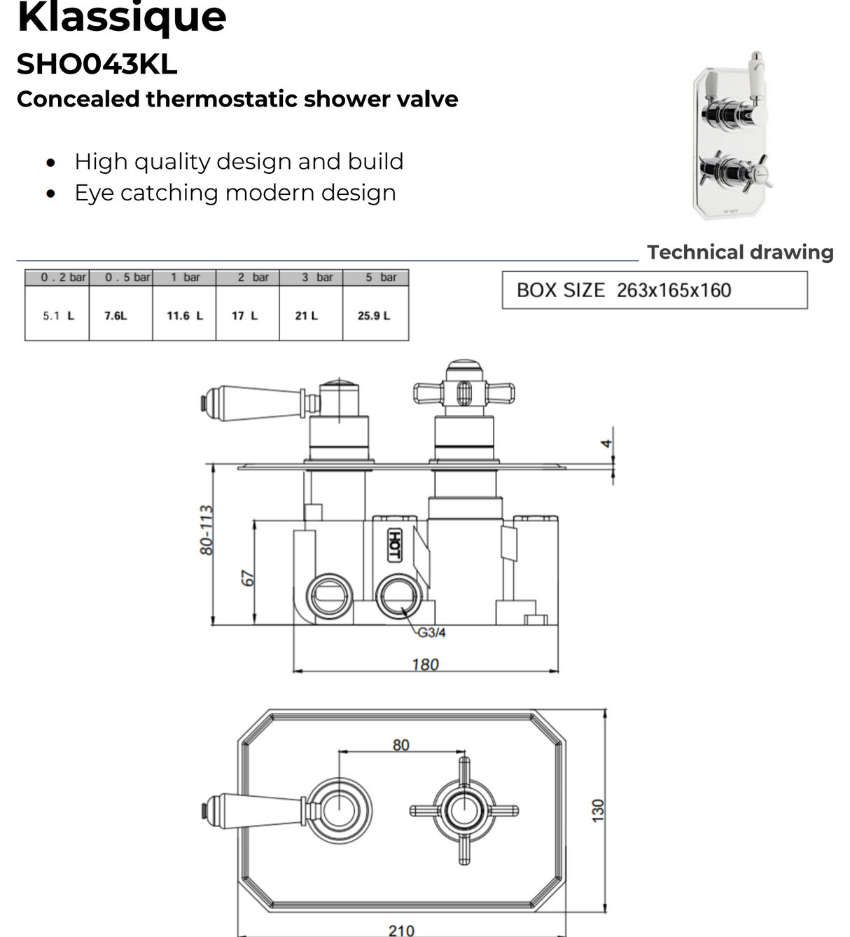 Kartell K-VIT Klassique Concealed Thermostatic Shower Valve And Diverter Chrome (SHO043KL)