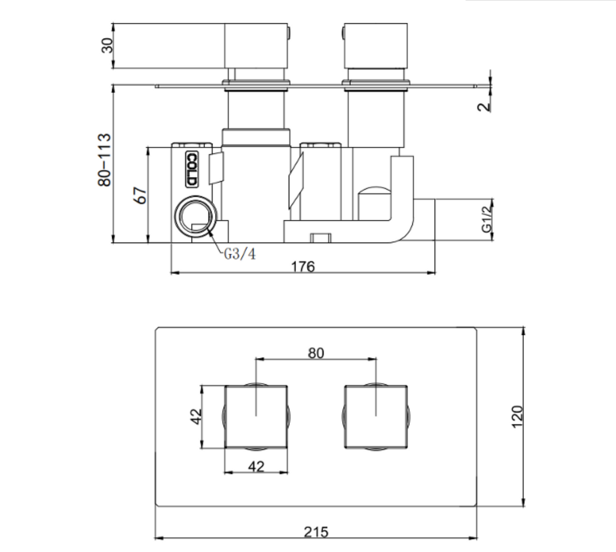 Kartell K-VIT Nero Square Option 2 Thermostatic Concealed Shower with Fixed Overhead Drencher- Matt Black (SHO047NS-SHO056NS)