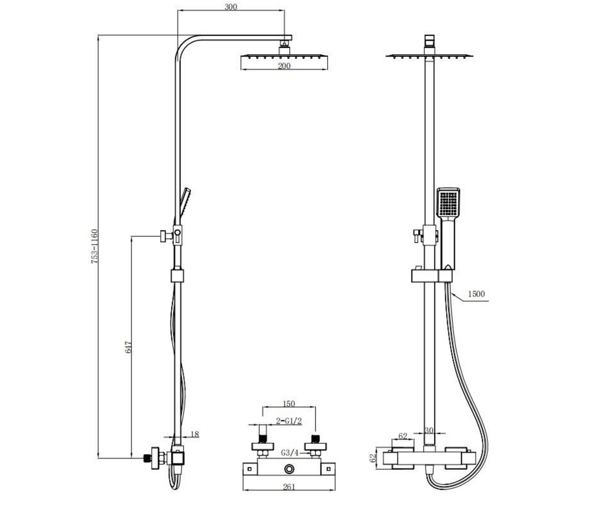 Kartell K-VIT Nero Square Option 1 Thermostatic Exposed Bar Shower with Overhead Drencher & Sliding Handset- Matt Black (SHO050NS)