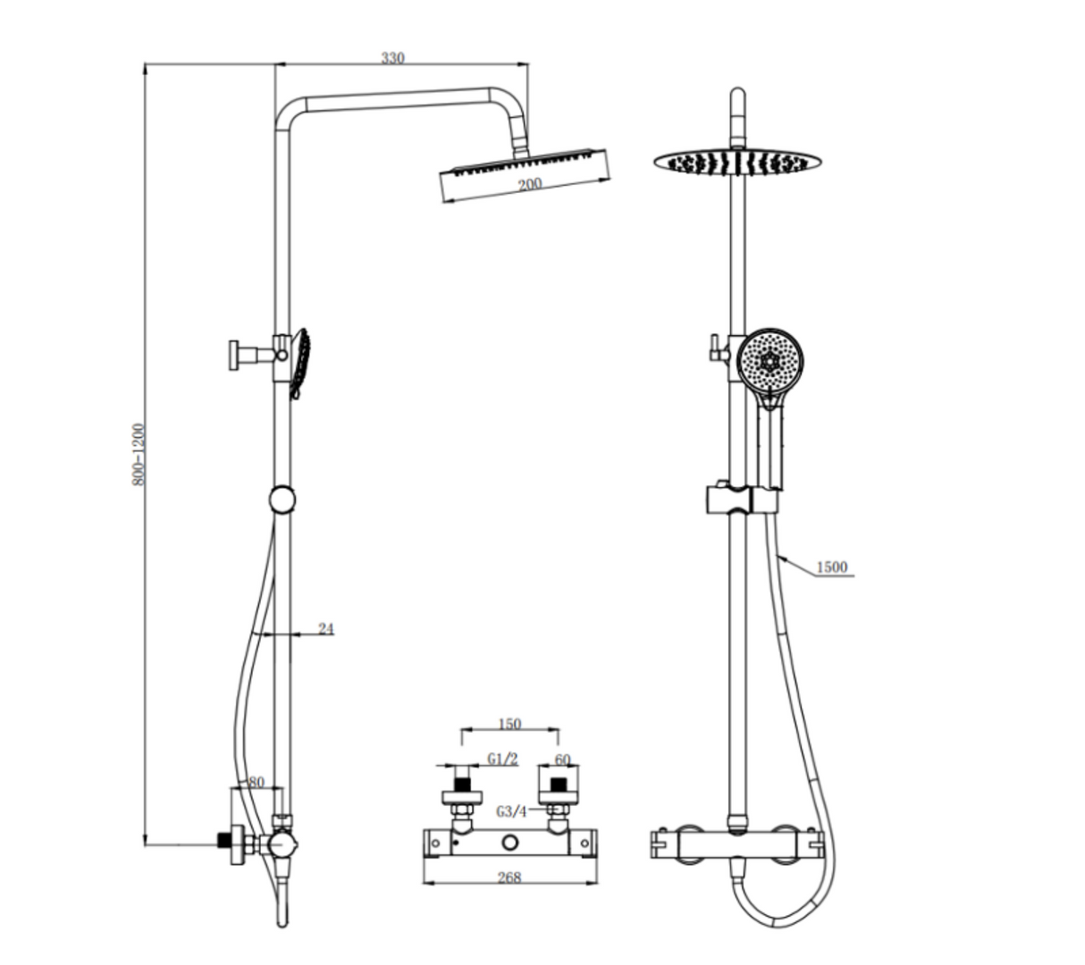 Kartell K-VIT Nero Round Option 1 Thermostatic Exposed Bar Shower With Overhead Drencher & Sliding Handset- Matt Black (SHO052NR)